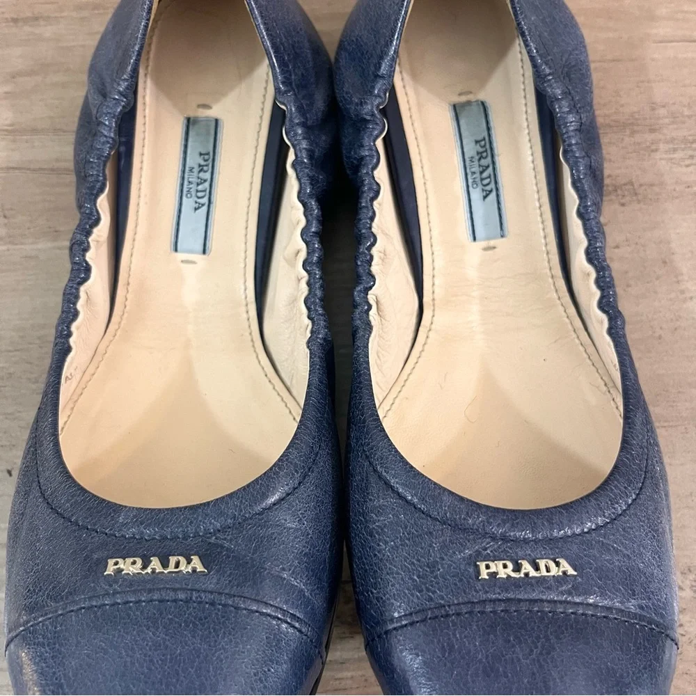 Prada Leather Scrunch Ballet Flats 9.5 Navy Blue 39.5 Made In Italy - Picture 9 of 9